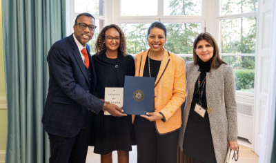 group photo of representative from Princeton, Dr. Taiese Bingham-Hickman, Dr. Karen Jackson Weaver and Dr. Gina Astorini