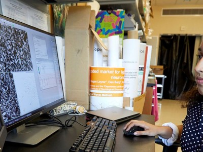 Young student working at a PC with two screens
