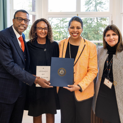 group photo of representative from Princeton, Dr. Taiese Bingham-Hickman, Dr. Karen Jackson Weaver and Dr. Gina Astorini